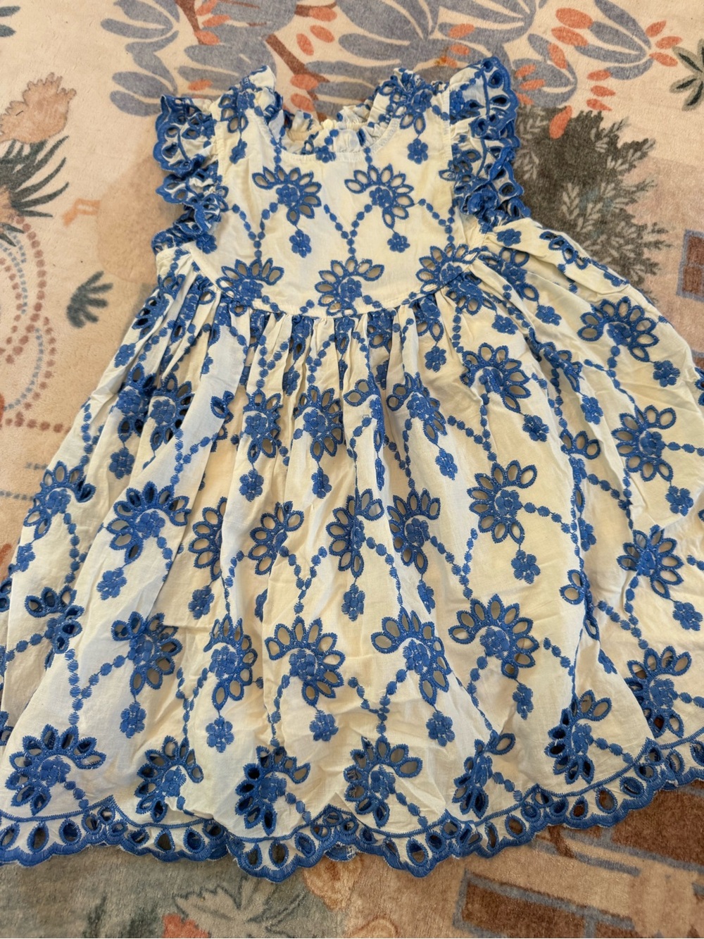 Pink Chicken White Dress with Blue Floral Embroidery